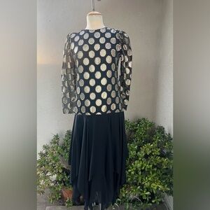 Vintage glam black chiffon dress gold metallic polka dots Sz M Simon Sez